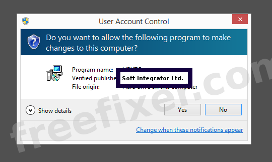 Screenshot where Soft Integrator Ltd. appears as the verified publisher in the UAC dialog